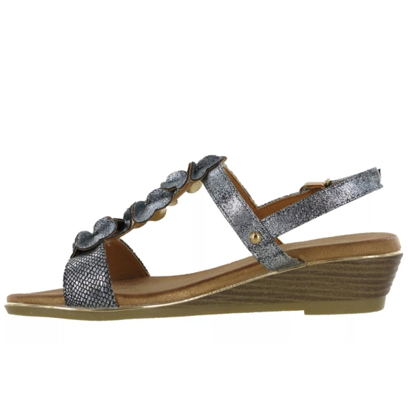 NEW T Sokolski Flower Wedges Halterback Sandals Pewter Buckle Women's sz.37 6.5 - Picture 3 of 8
